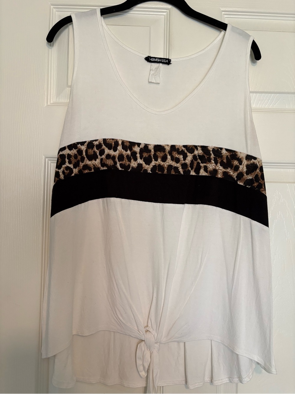 HEIMISH USA White Tank Top with Leopard Accent & Black Band